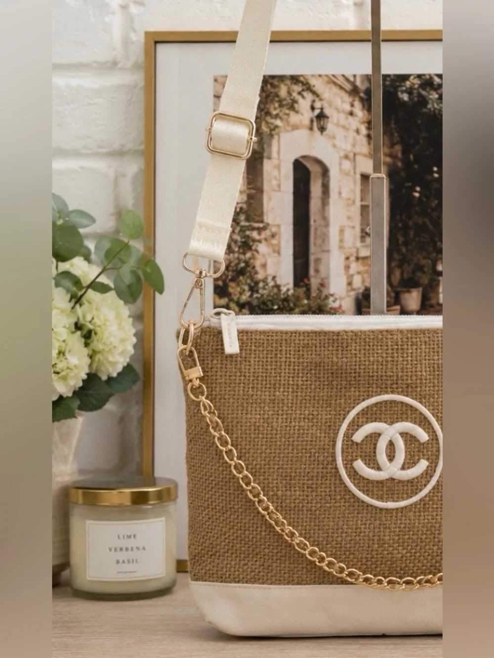 CHANEL Beige Canvas & White Crossbody Cosmetic Bag with Gold Chain